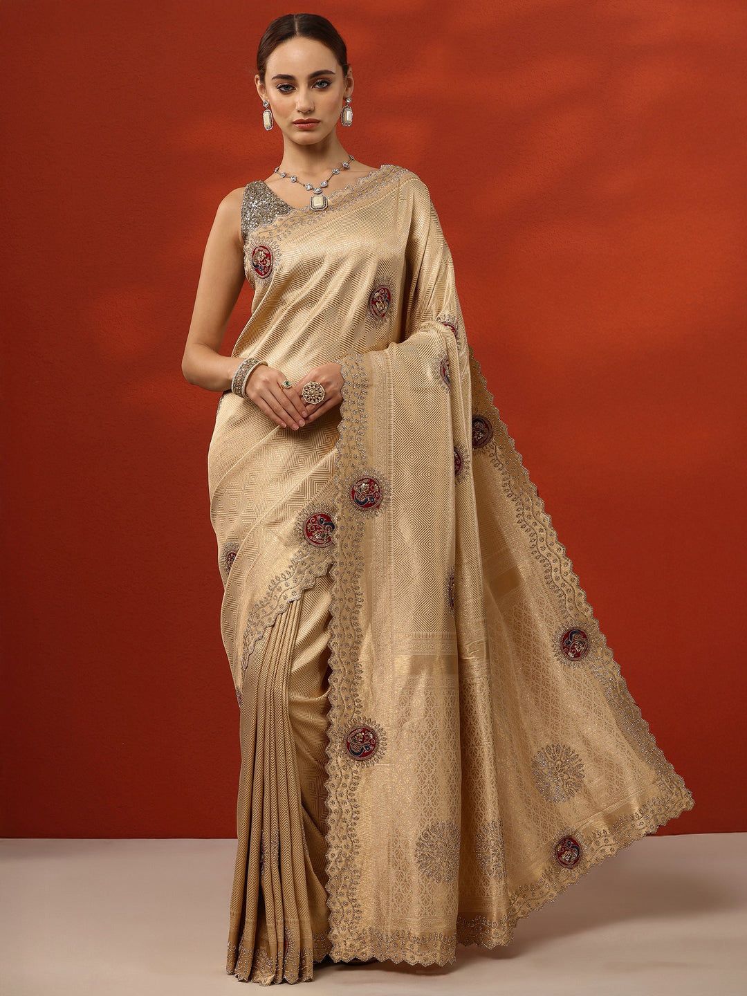  Gold Woven Design Banarasi Silk Blend Saree With Unstitched Blouse Piece 