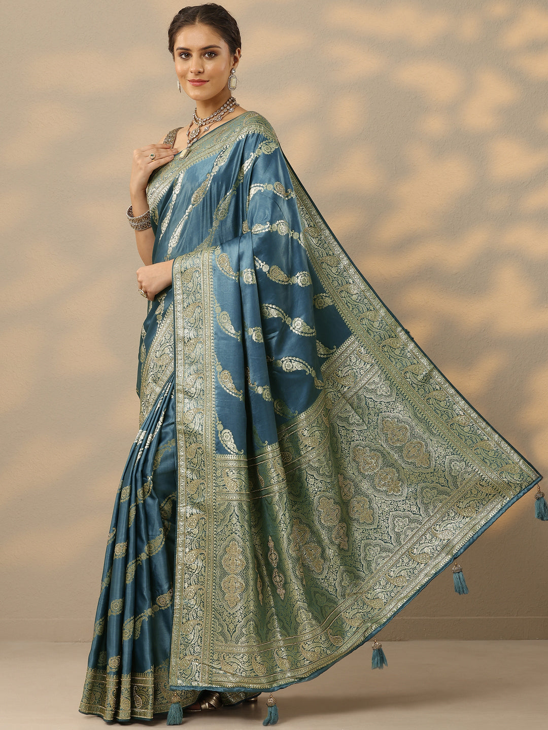  Blue Embellished Banarasi Silk Blend Saree With Unstitched Blouse Piece 