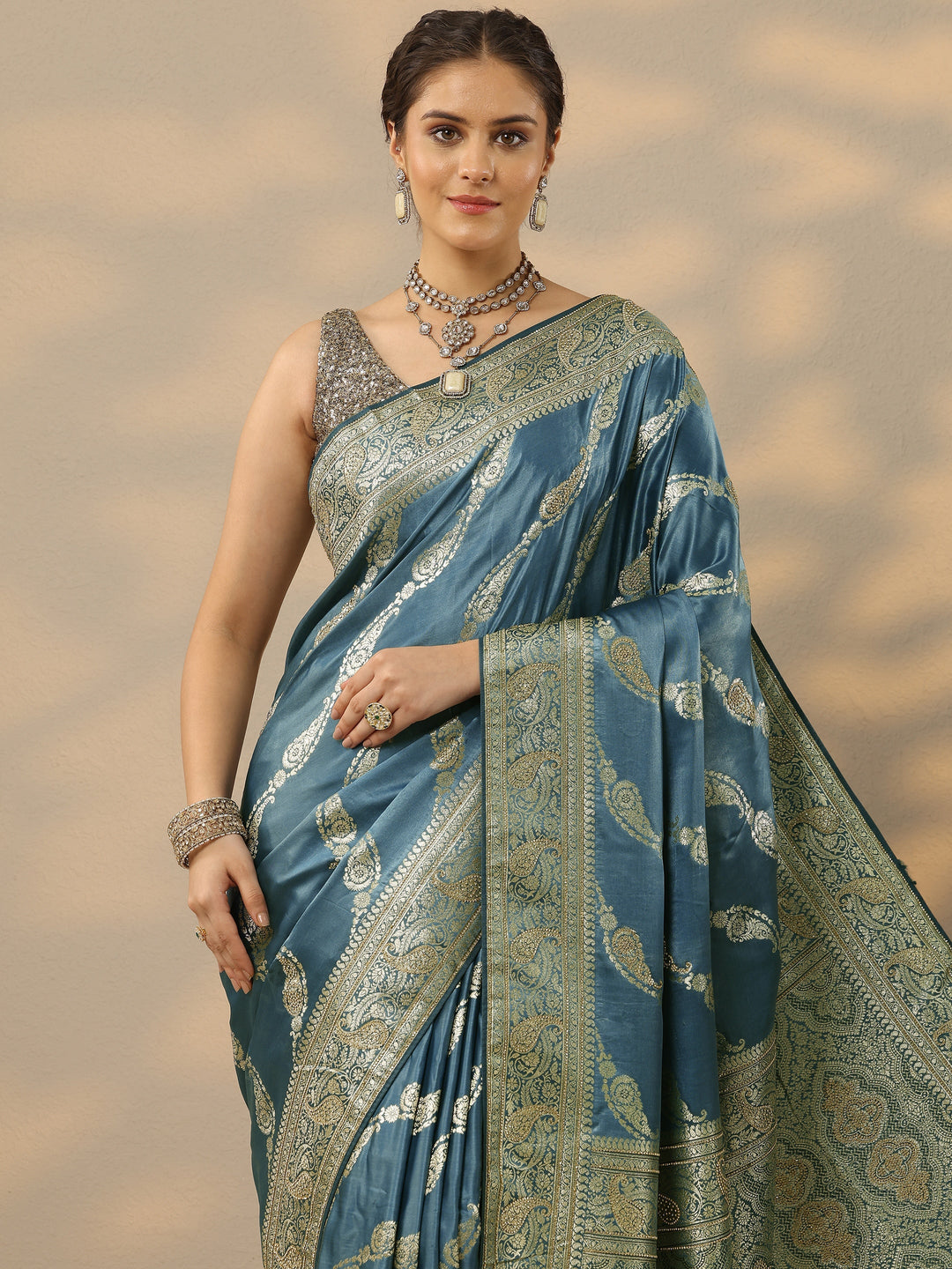  Blue Embellished Banarasi Silk Blend Saree With Unstitched Blouse Piece 