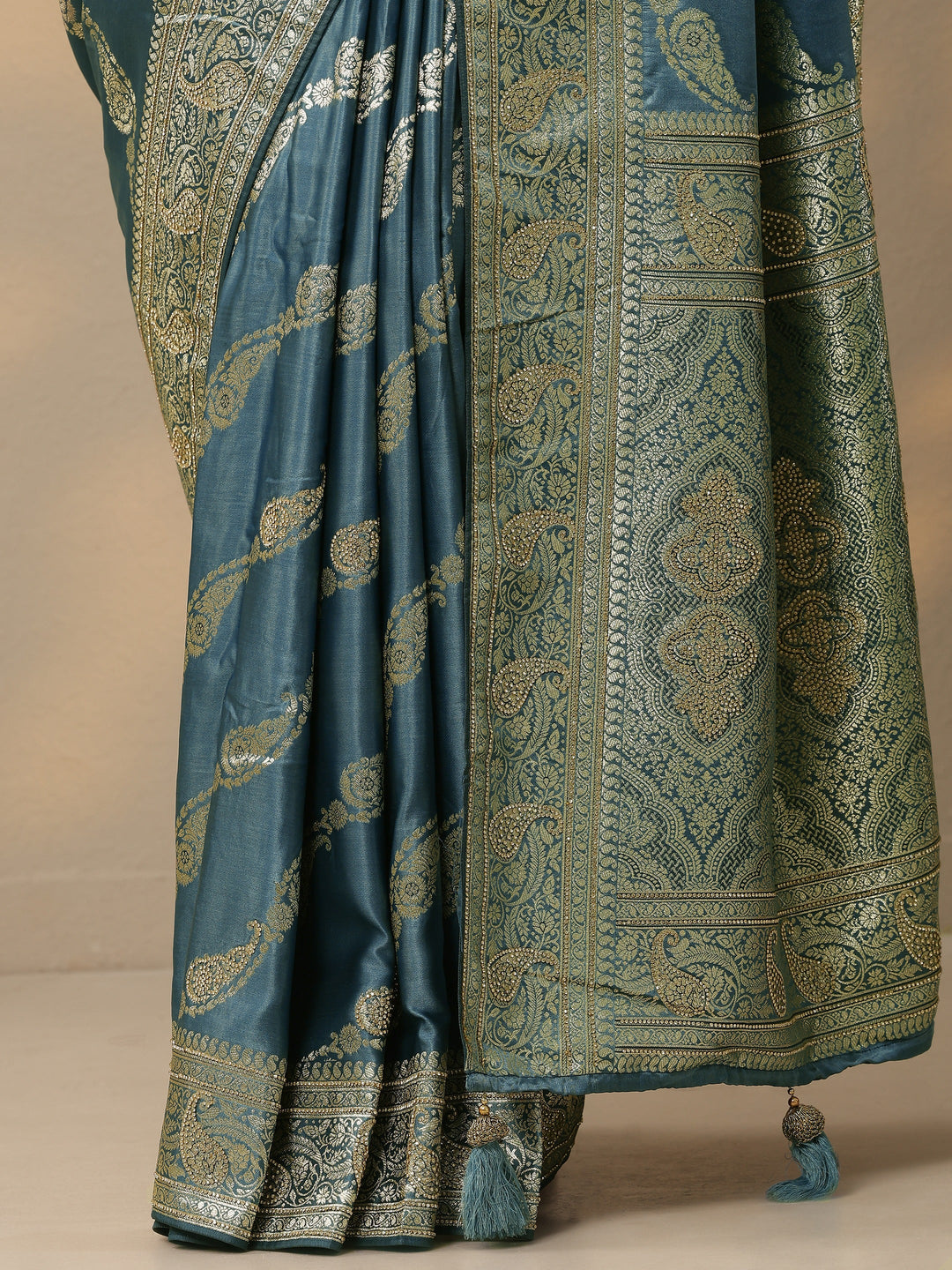  Blue Embellished Banarasi Silk Blend Saree With Unstitched Blouse Piece 