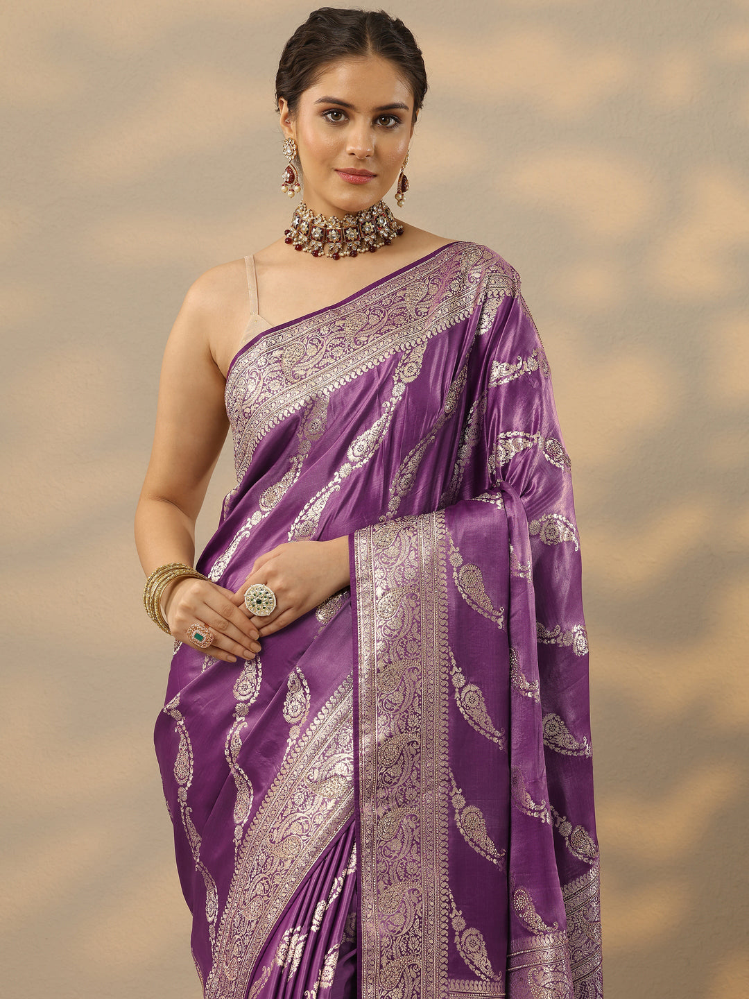  Purple Embellished Banarasi Silk Blend Saree With Unstitched Blouse Piece 