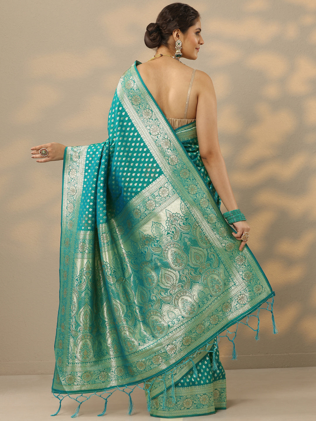  Green Embellished Banarasi Silk Blend Saree With Unstitched Blouse Piece 
