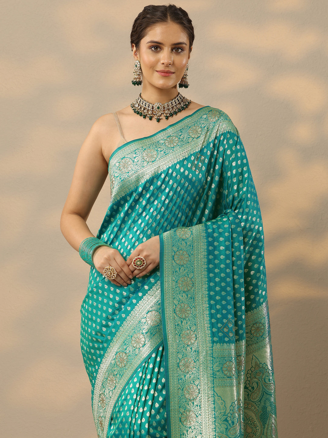  Green Embellished Banarasi Silk Blend Saree With Unstitched Blouse Piece 