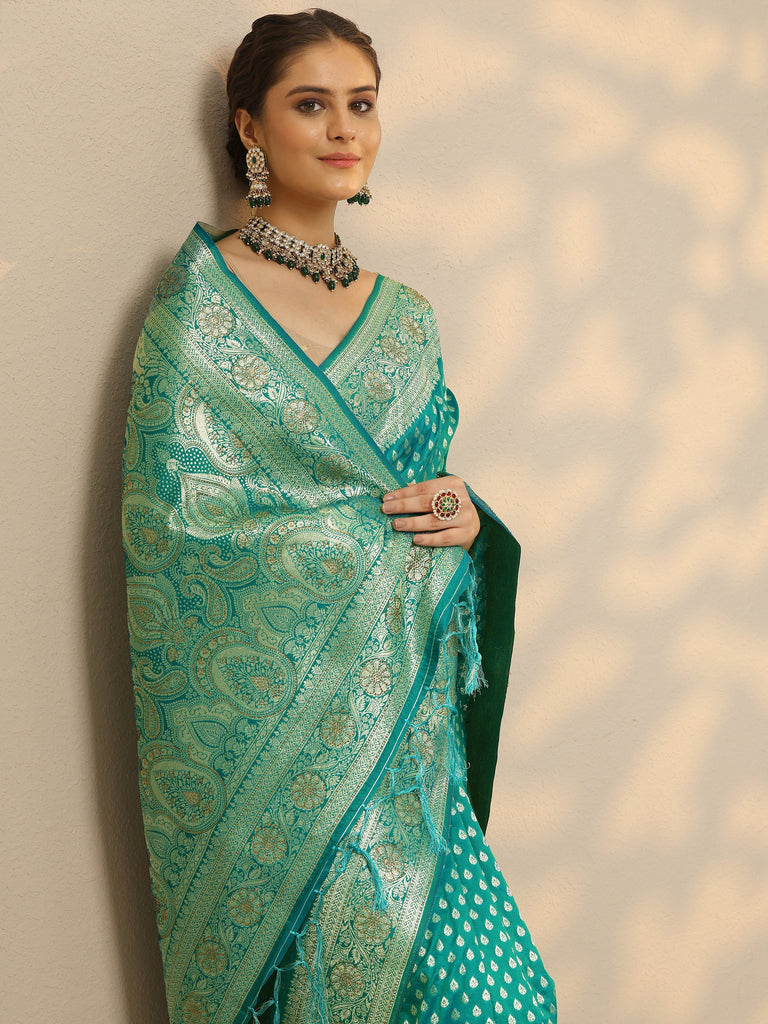 Libas Green Embellished Banarasi Silk Blend Saree With Unstitched Blouse Piece