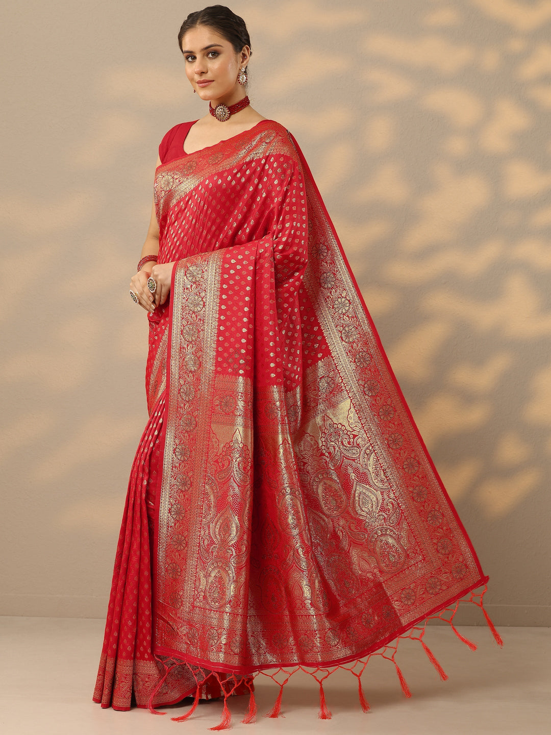  Red Embellished Banarasi Silk Blend Saree With Unstitched Blouse Piece 