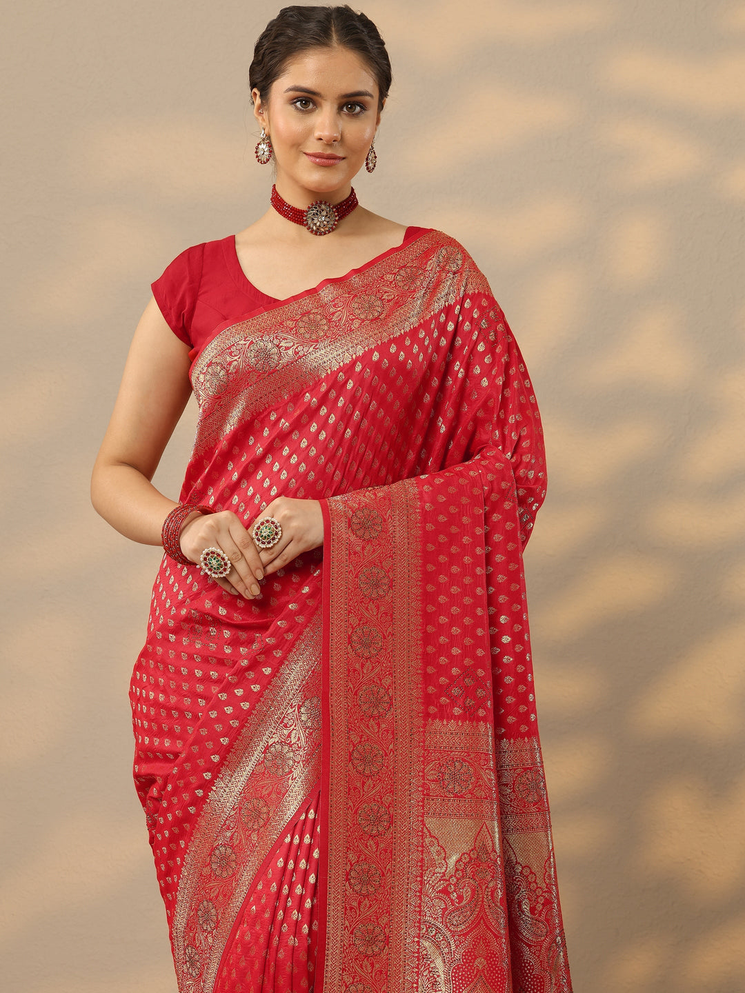  Red Embellished Banarasi Silk Blend Saree With Unstitched Blouse Piece 