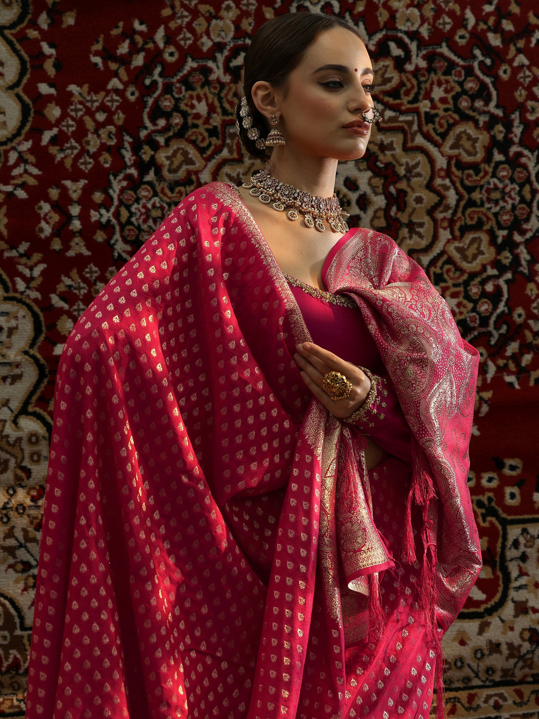 Pink Woven Design Banarasi Silk Blend Saree With Unstitched Blouse Piece