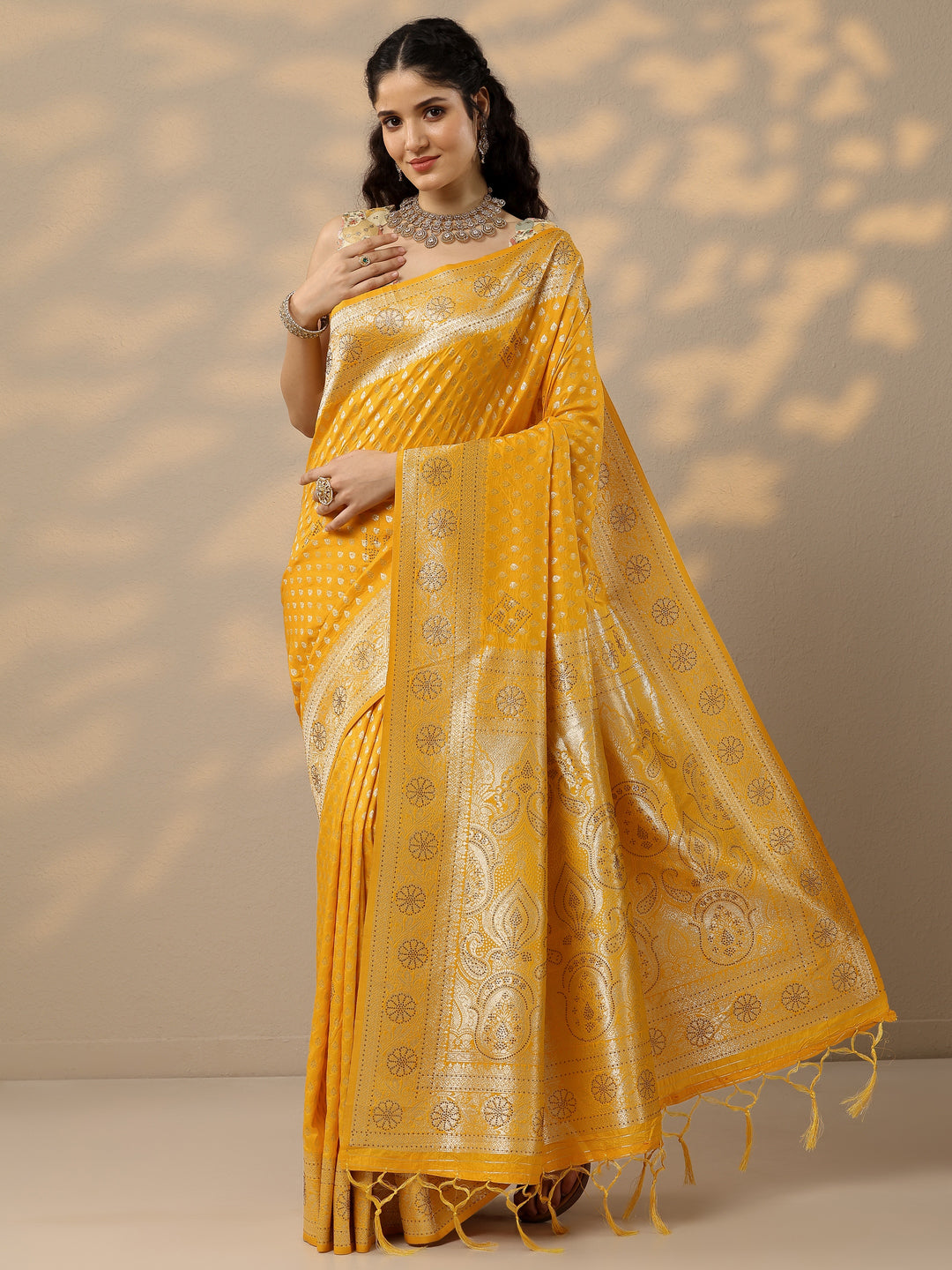  Yellow Woven Design Banarsi Silk Blend Saree With Unstitched Blouse Piece 