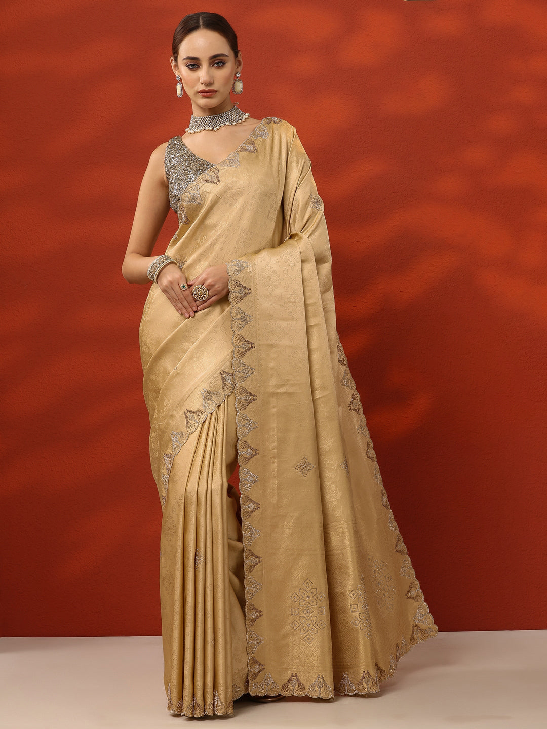  Gold Woven Design Silk Blend Saree With Unstitched Blouse Piece 