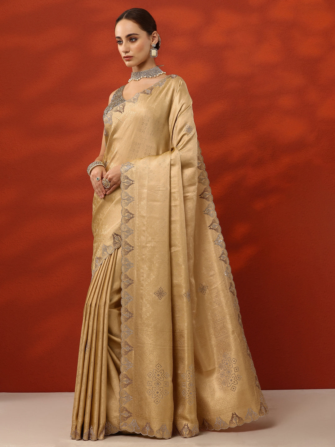  Gold Woven Design Silk Blend Saree With Unstitched Blouse Piece 