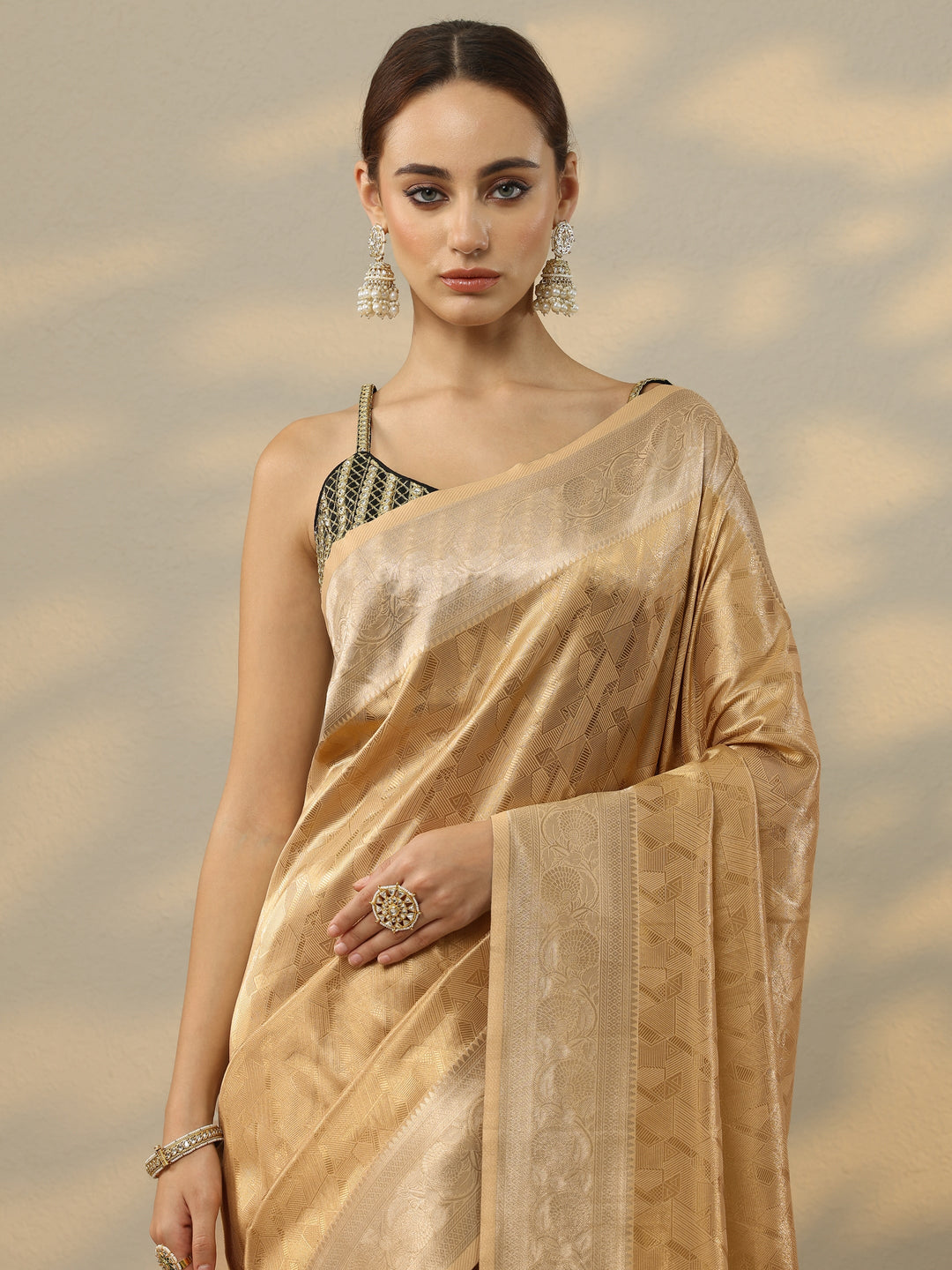  Gold Woven Design Banarasi Silk Blend Saree With Unstitched Blouse Piece 