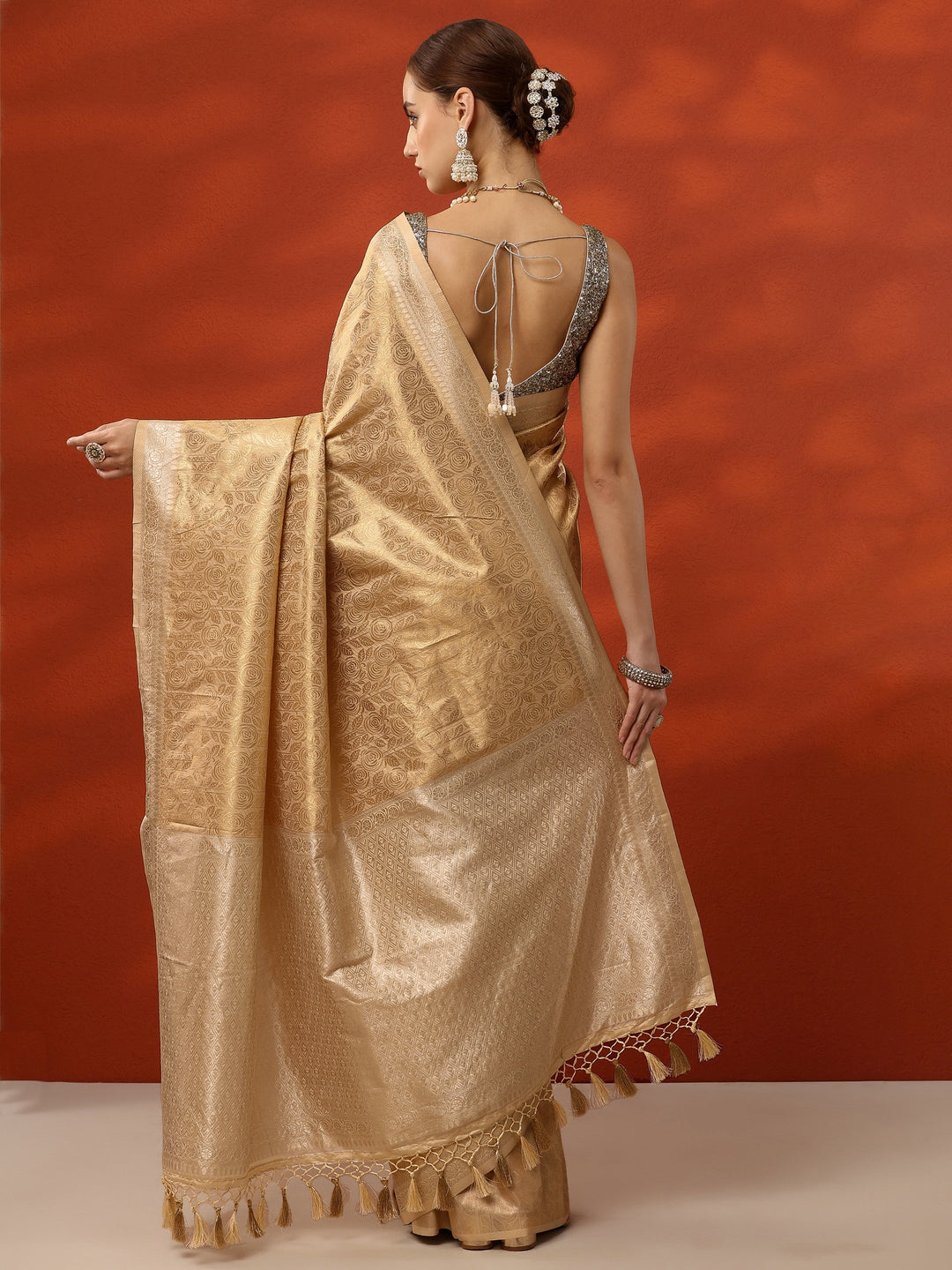  Gold Woven Design Banarasi Silk Blend Saree With Unstitched Blouse Piece 