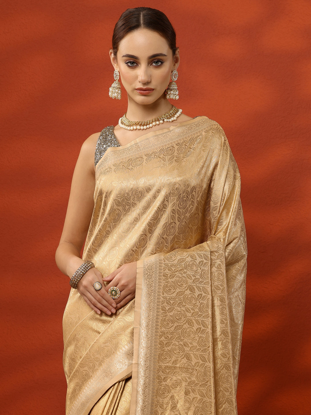  Gold Woven Design Banarasi Silk Blend Saree With Unstitched Blouse Piece 