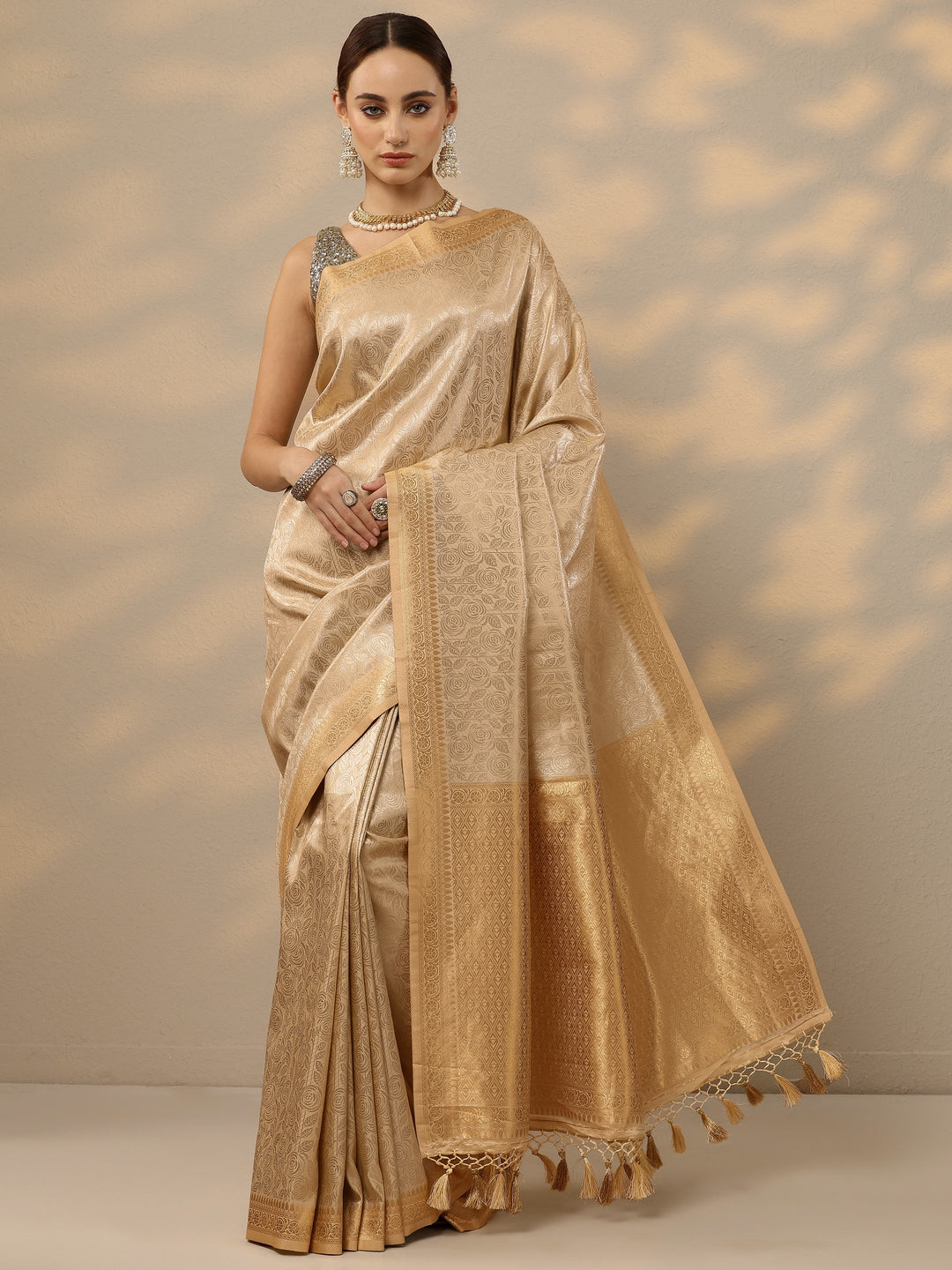  Gold Woven Design Banarasi Silk Blend Saree With Unstitched Blouse Piece 