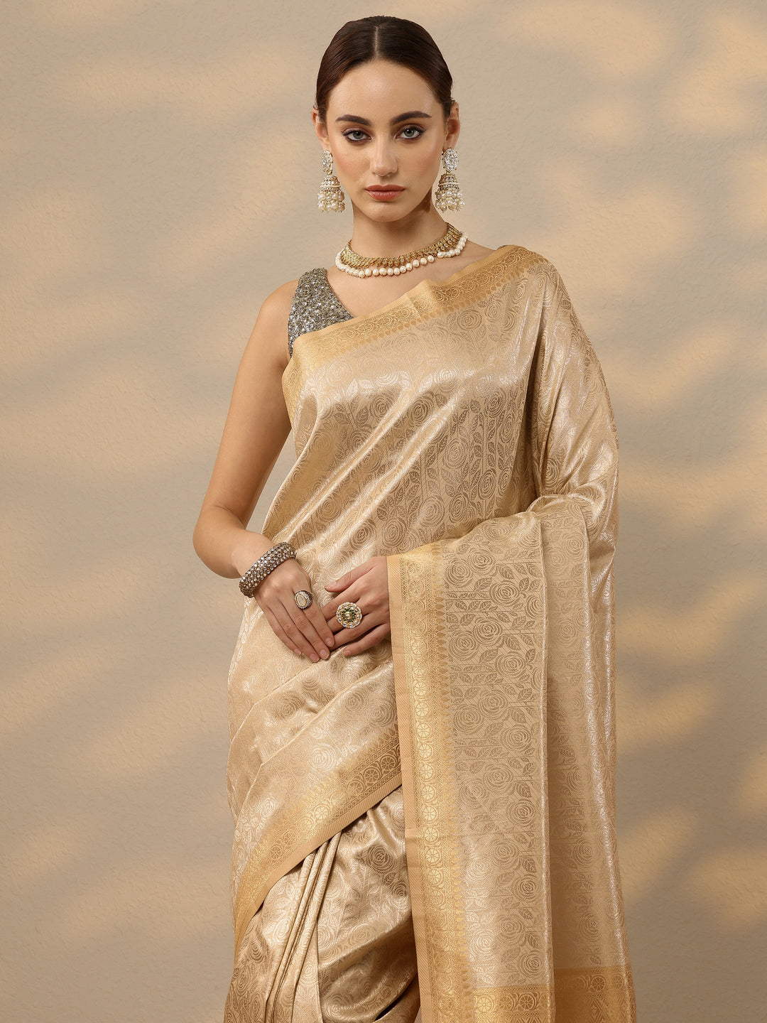  Gold Woven Design Banarasi Silk Blend Saree With Unstitched Blouse Piece 