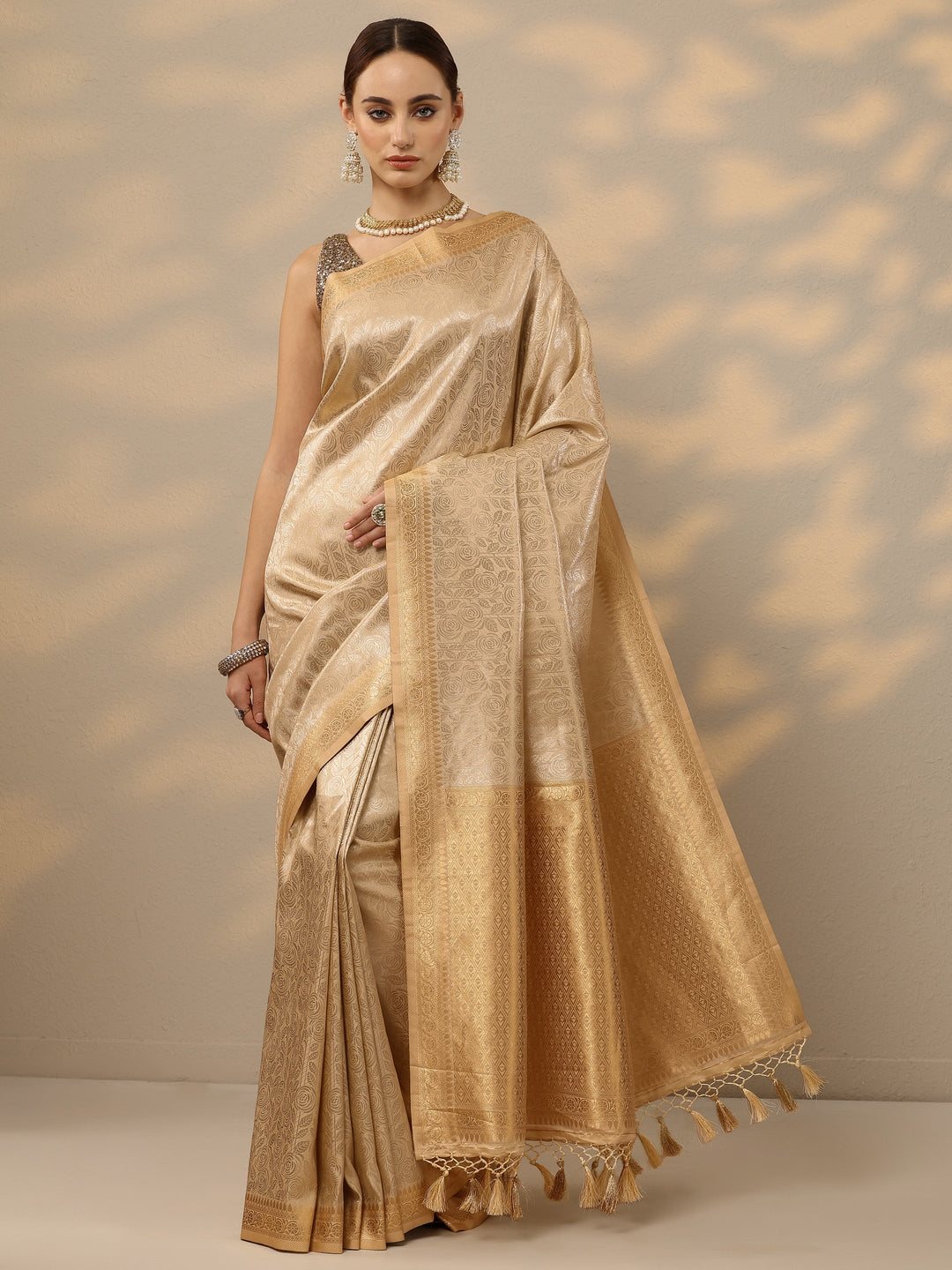  Gold Woven Design Banarasi Silk Blend Saree With Unstitched Blouse Piece 