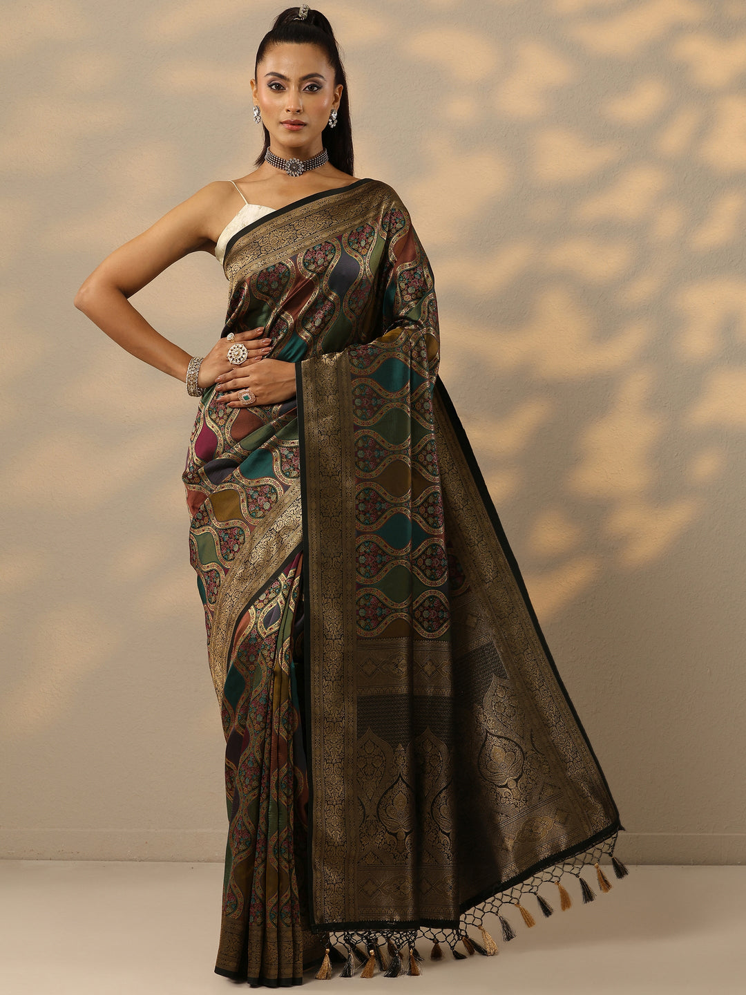  Multi Woven Design Banarasi Silk Blend Saree With Unstitched Blouse Piece 