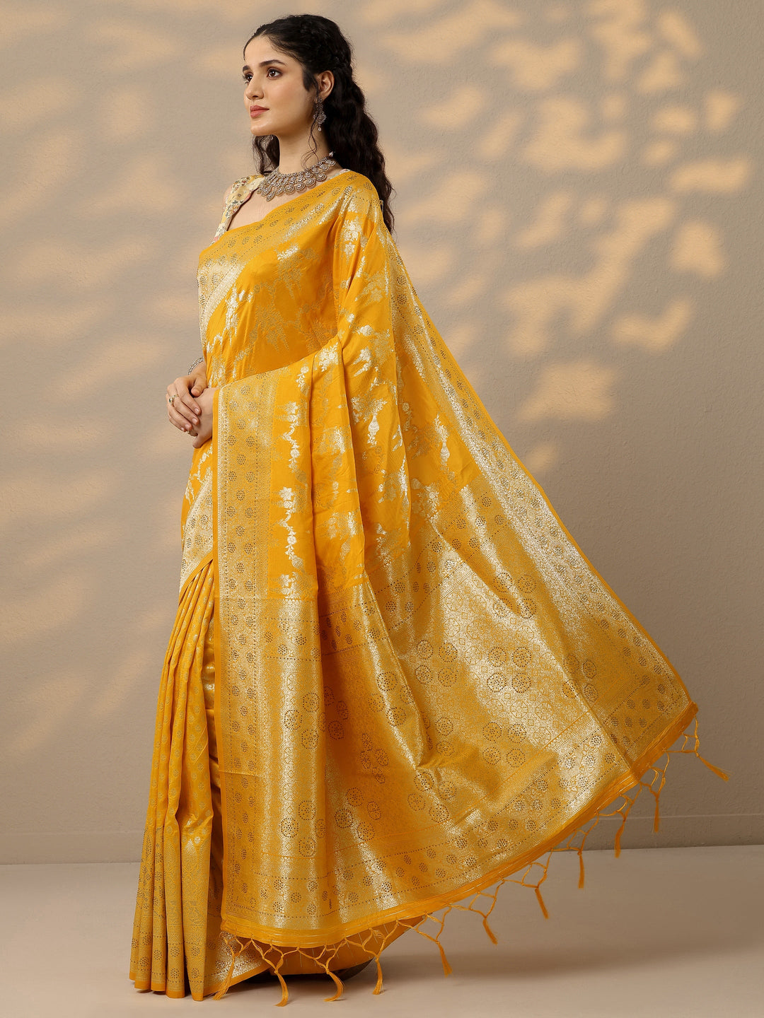  Mustard Woven Design Banarasi Silk Blend Saree With Unstitched Blouse Piece 