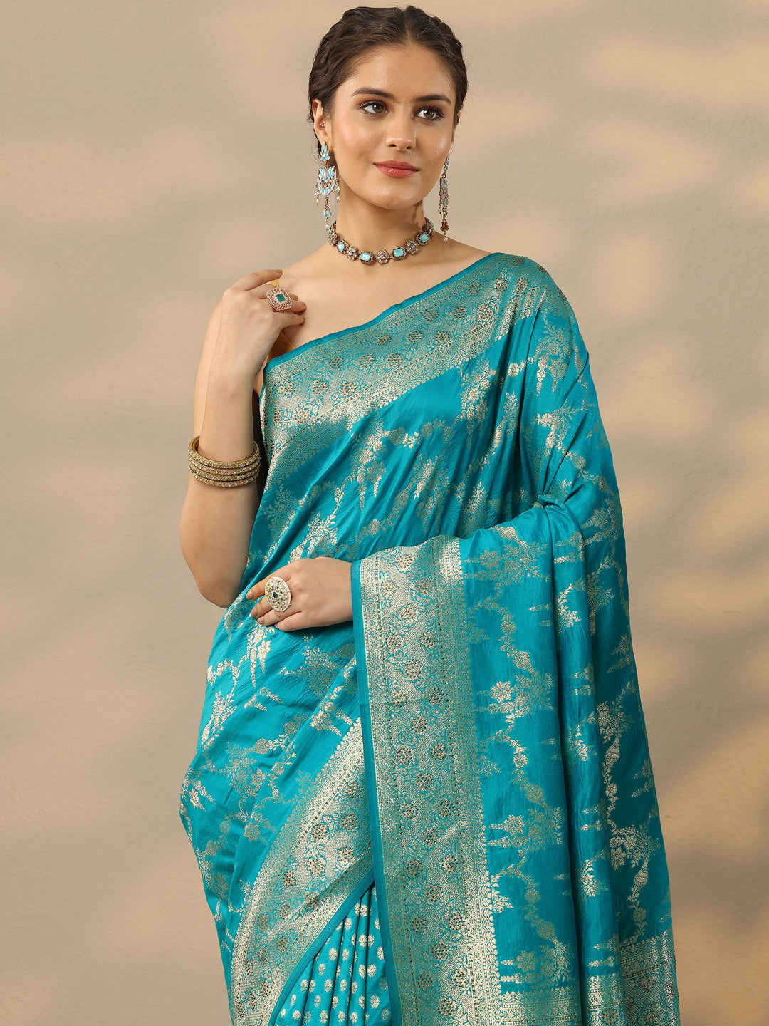  Blue Embellished Banarasi Silk Blend Saree With Unstitched Blouse Piece 