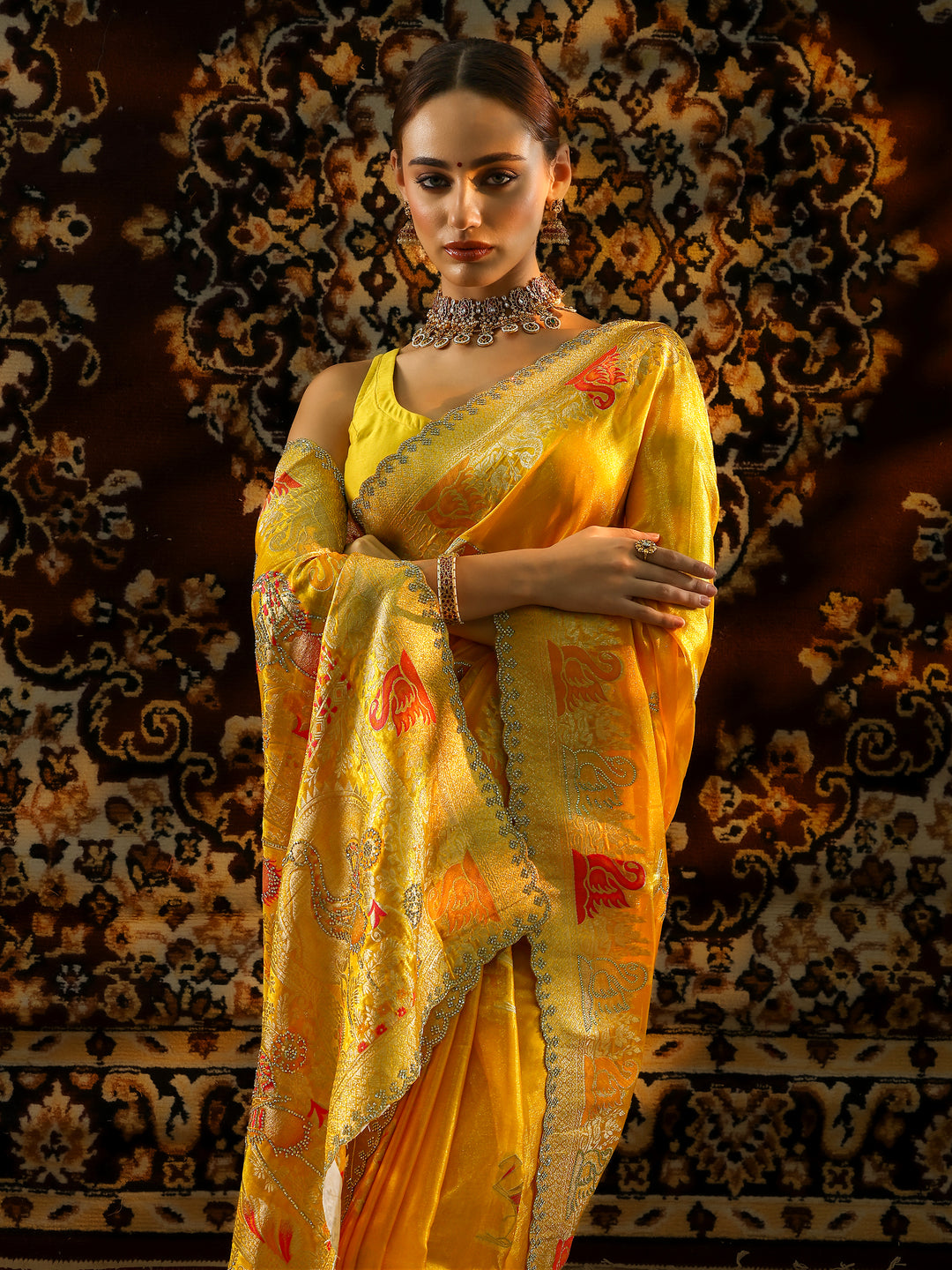  Mustard Embellished Organza Saree With Unstitched Blouse Piece 