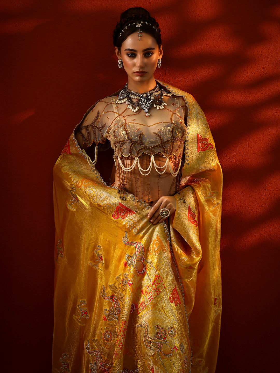  Mustard Embellished Organza Saree With Unstitched Blouse Piece 