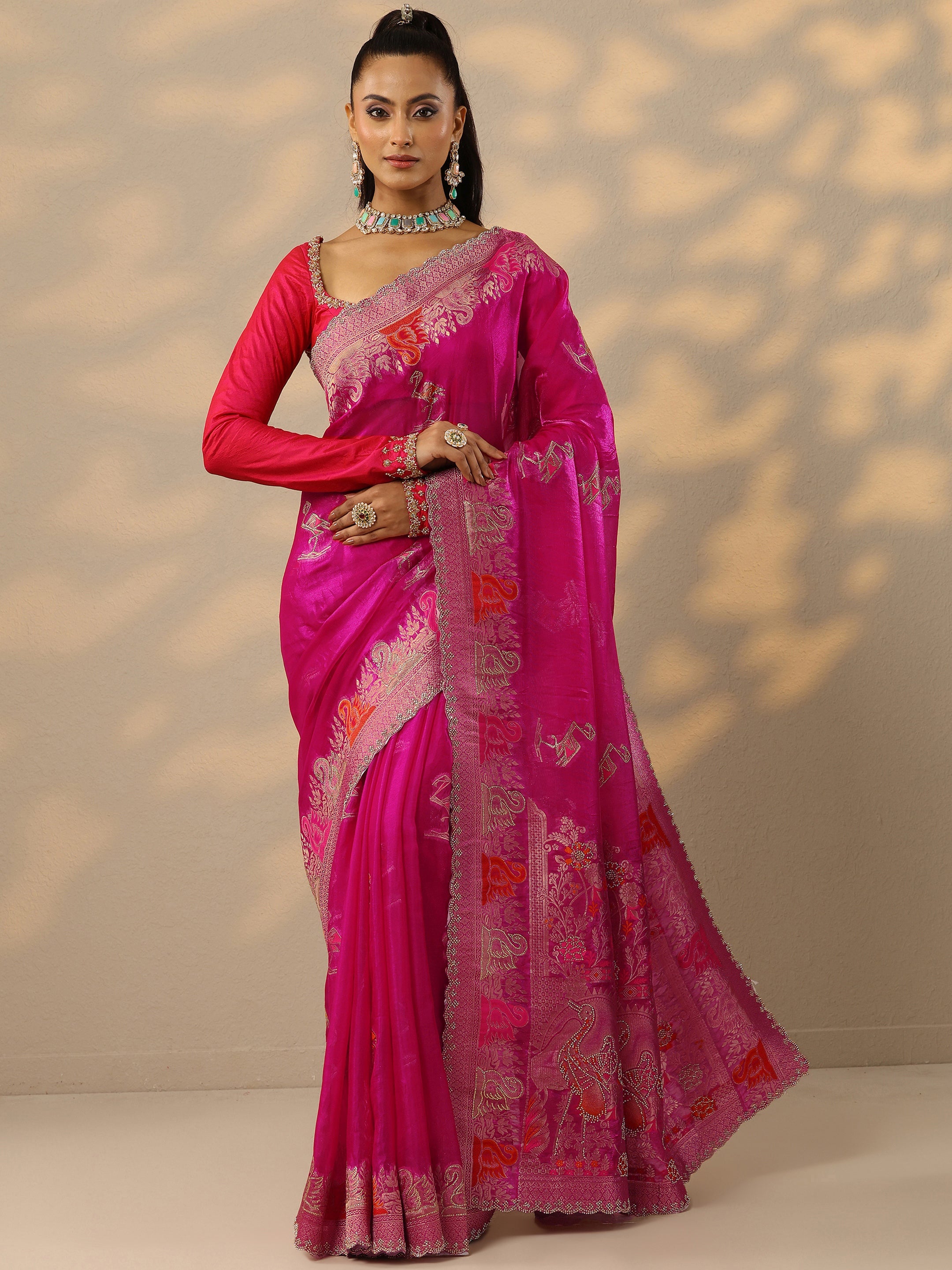 libas Pink Embellished Banarasi Organza Saree With Unstitched Blouse Piece-picture-51