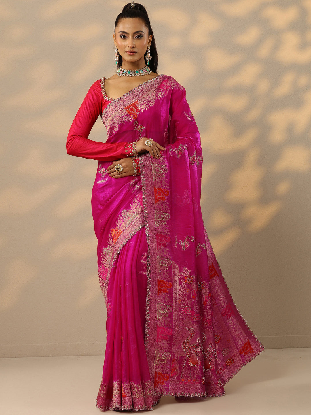 Pink Embellished Banarasi Organza Saree With Unstitched Blouse Piece