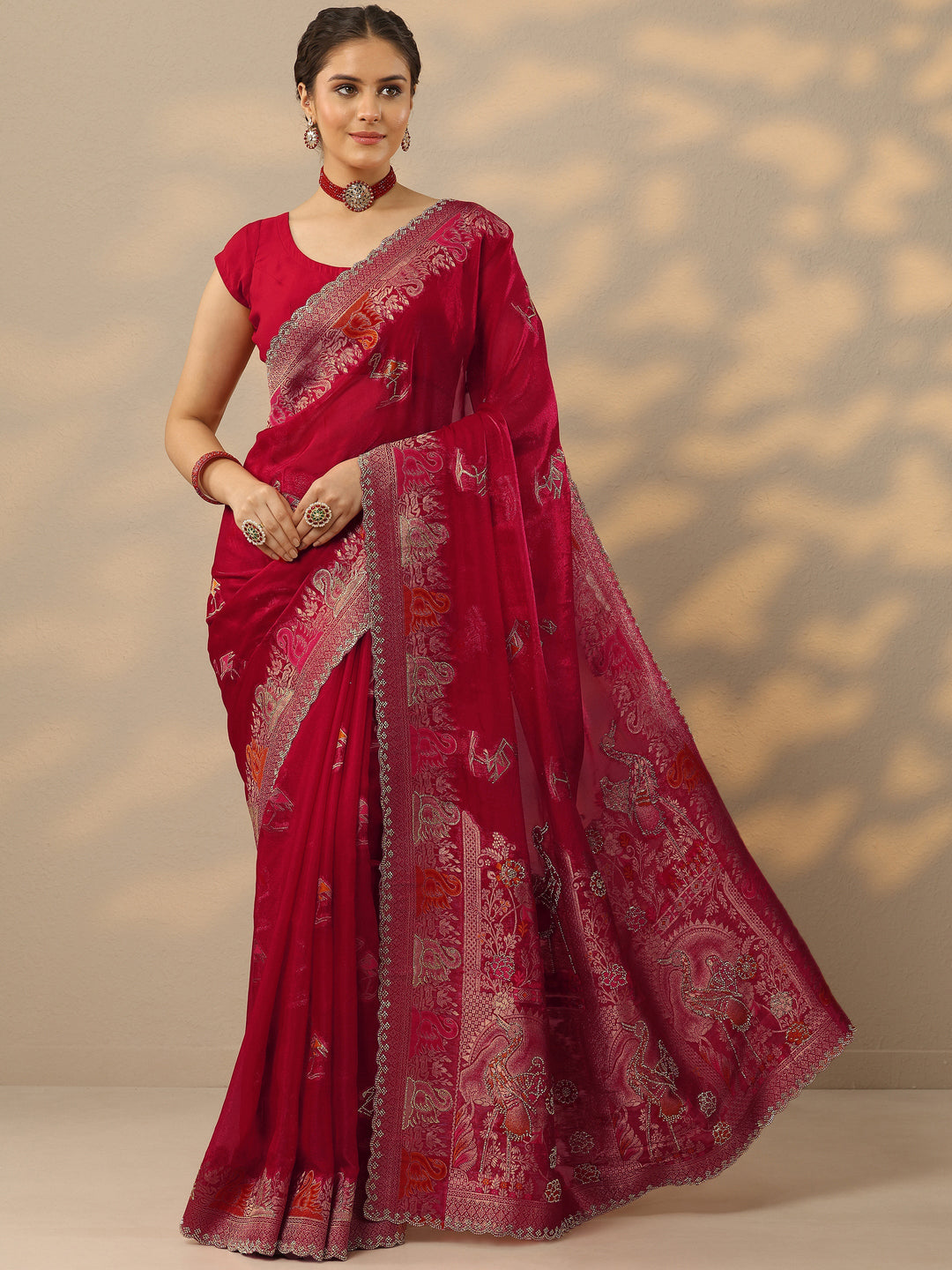  Red Embellished Banarasi Organza Saree With Unstitched Blouse Piece 