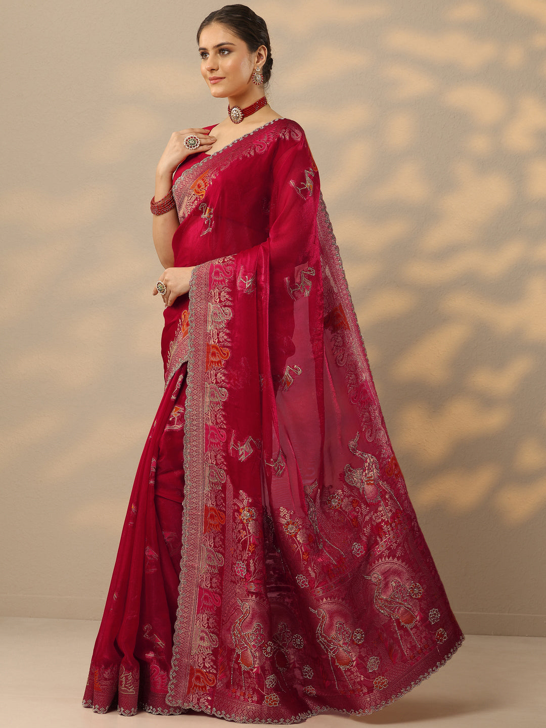  Red Embellished Banarasi Organza Saree With Unstitched Blouse Piece 