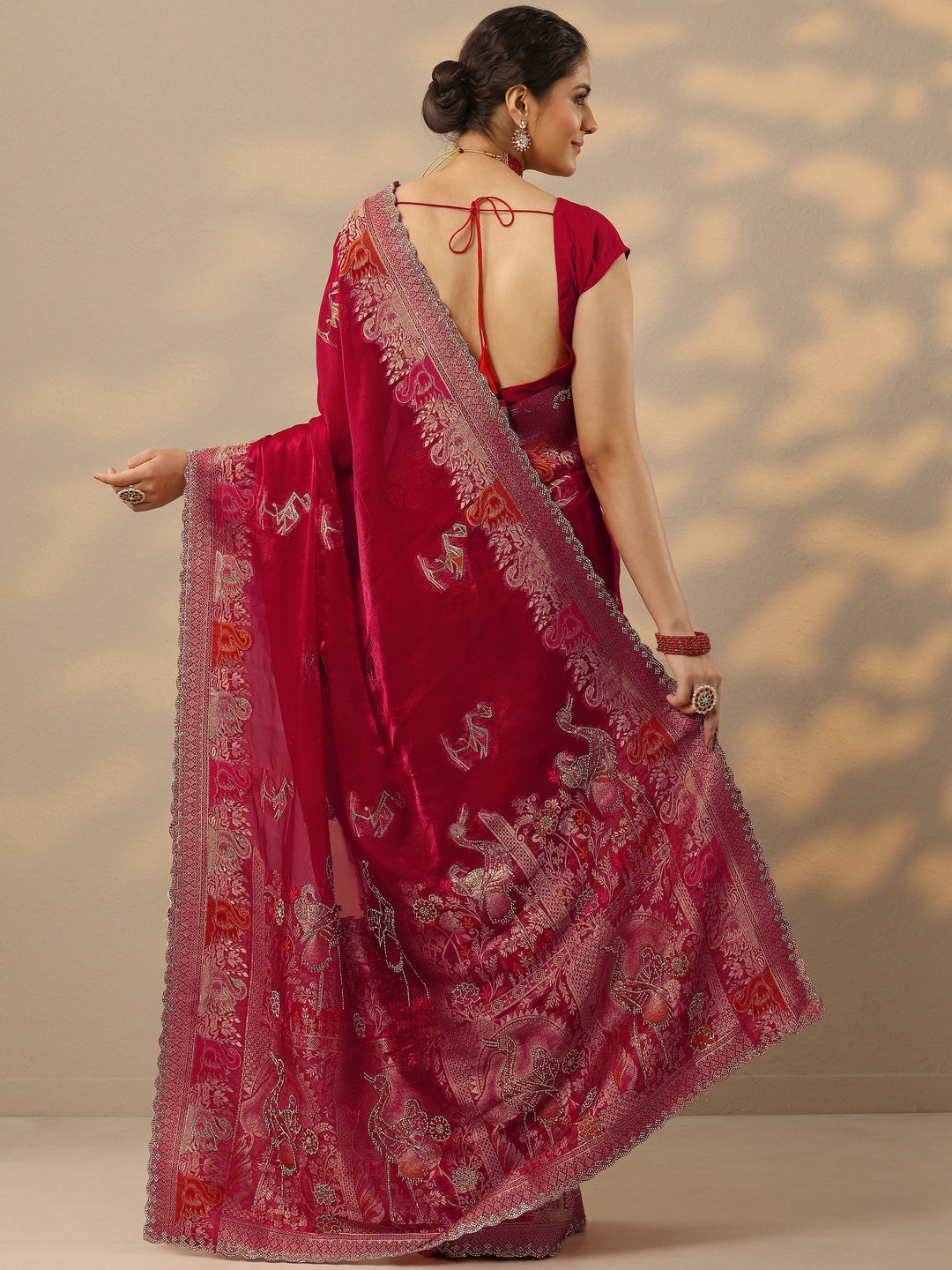  Red Embellished Banarasi Organza Saree With Unstitched Blouse Piece 