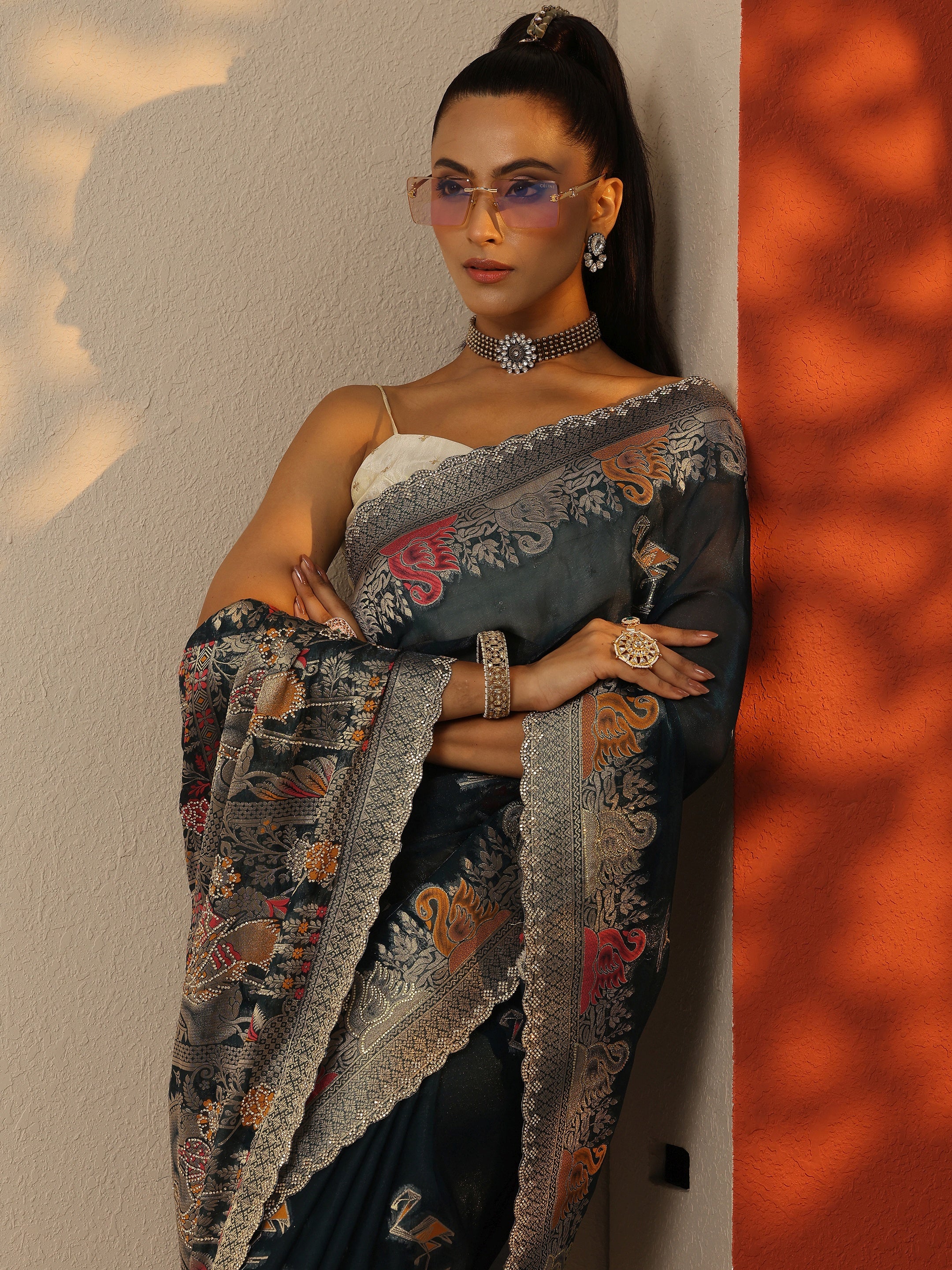 libas Teal Woven Design Organza Saree With Unstitched Blouse Piece-picture-13