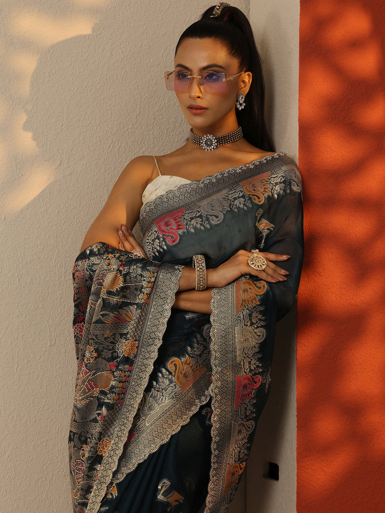 Libas Teal Woven Design Organza Saree With Unstitched Blouse Piece