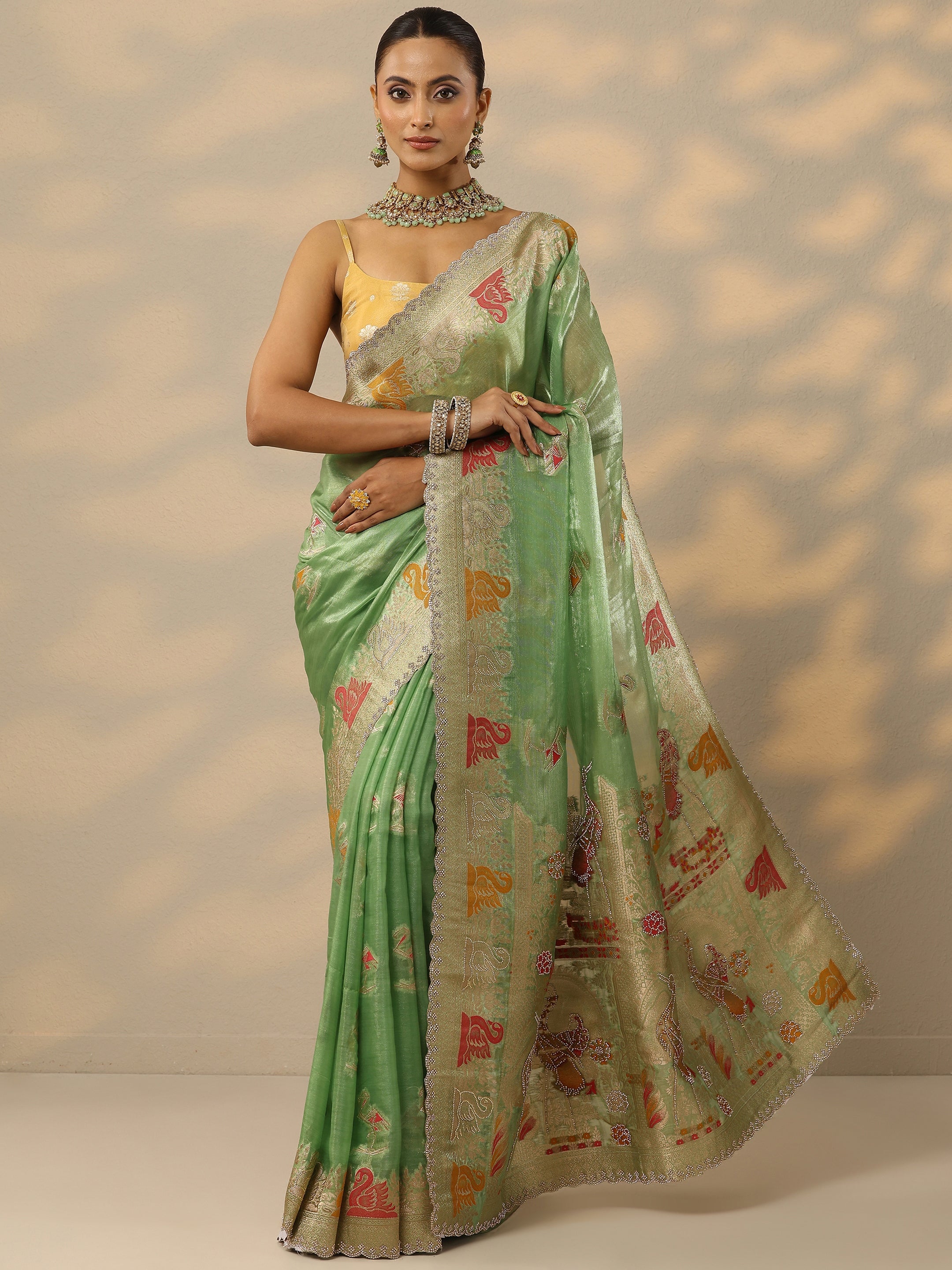 libas Green Embellished Banarasi Organza Saree With Unstitched Blouse Piece-picture-41