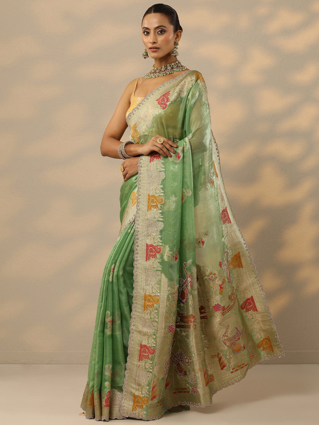  Green Embellished Banarasi Organza Saree With Unstitched Blouse Piece 