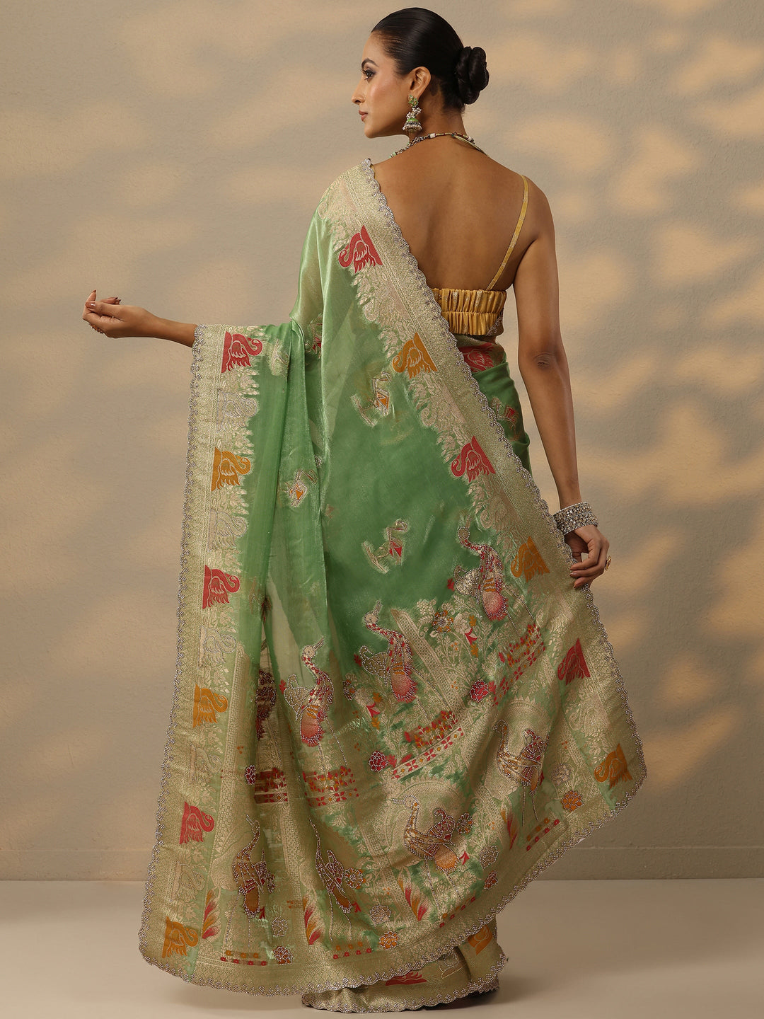  Green Embellished Banarasi Organza Saree With Unstitched Blouse Piece 