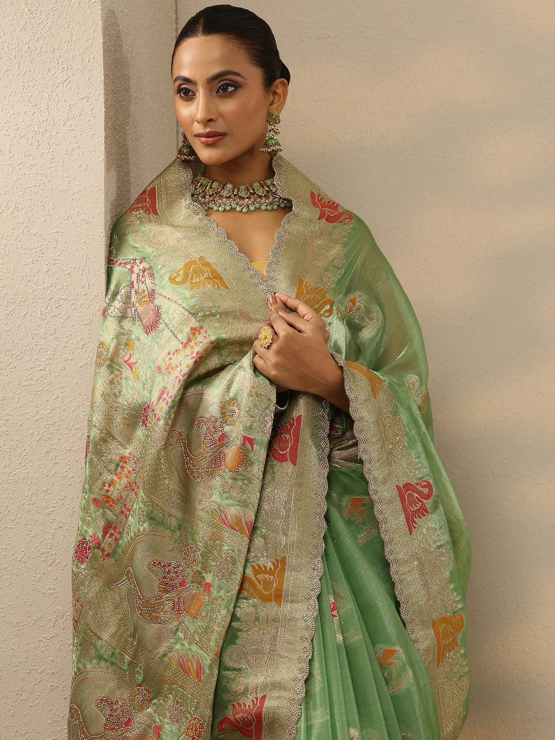  Green Embellished Banarasi Organza Saree With Unstitched Blouse Piece 