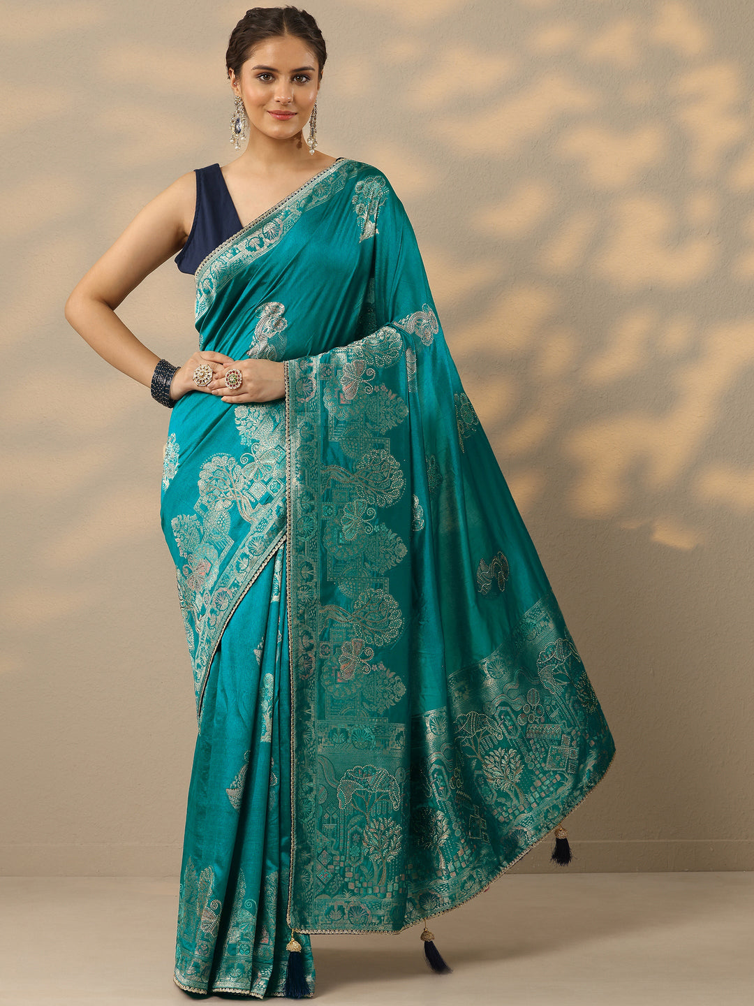  Green Embellished Banarasi Silk Blend Saree With Unstitched Blouse Piece 