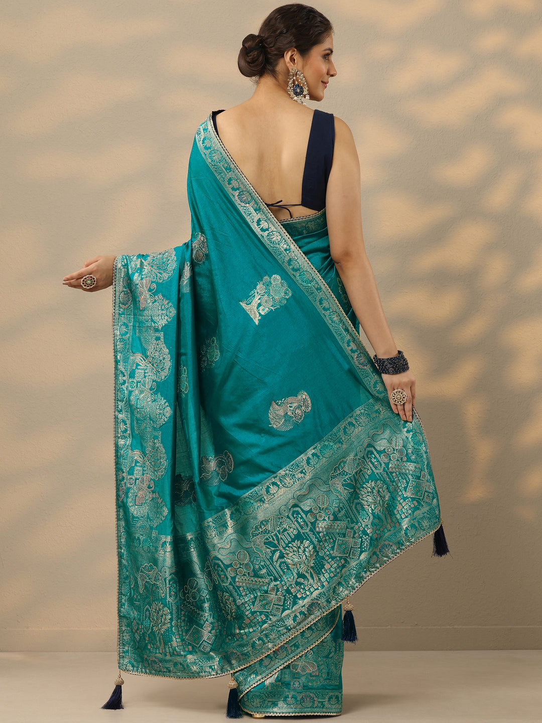  Green Embellished Banarasi Silk Blend Saree With Unstitched Blouse Piece 