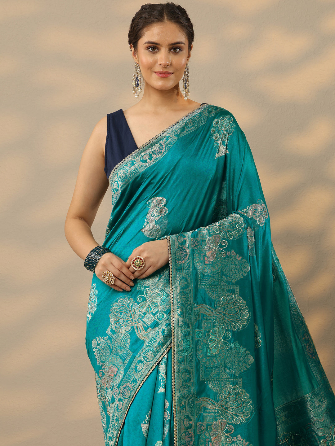  Green Embellished Banarasi Silk Blend Saree With Unstitched Blouse Piece 