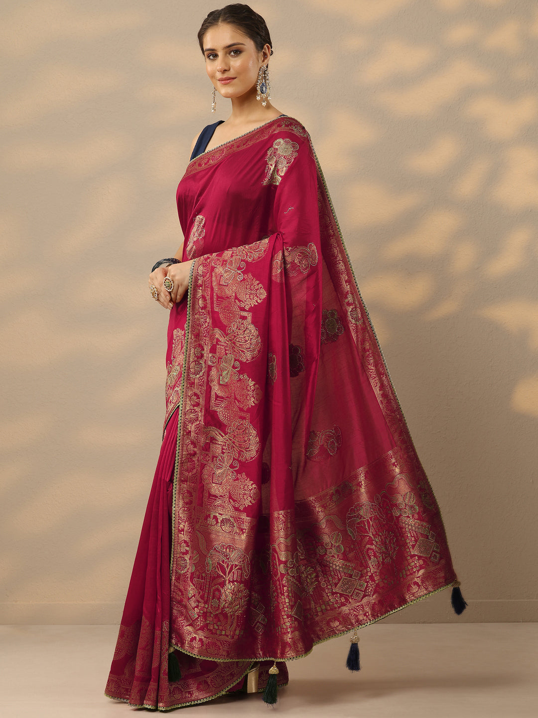  Red Embellished Banarasi Silk Blend Saree With Unstitched Blouse Piece 