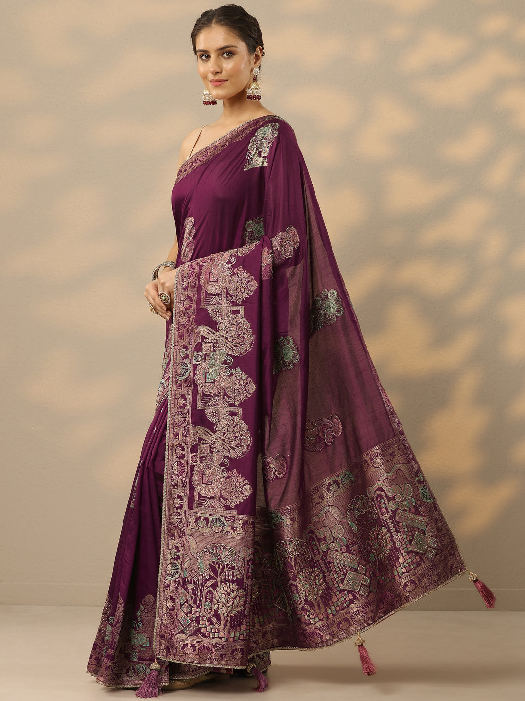  Wine Embellished Banarasi Silk Blend Saree With Unstitched Blouse Piece 