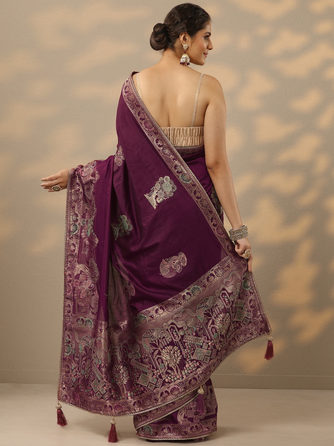  Wine Embellished Banarasi Silk Blend Saree With Unstitched Blouse Piece 