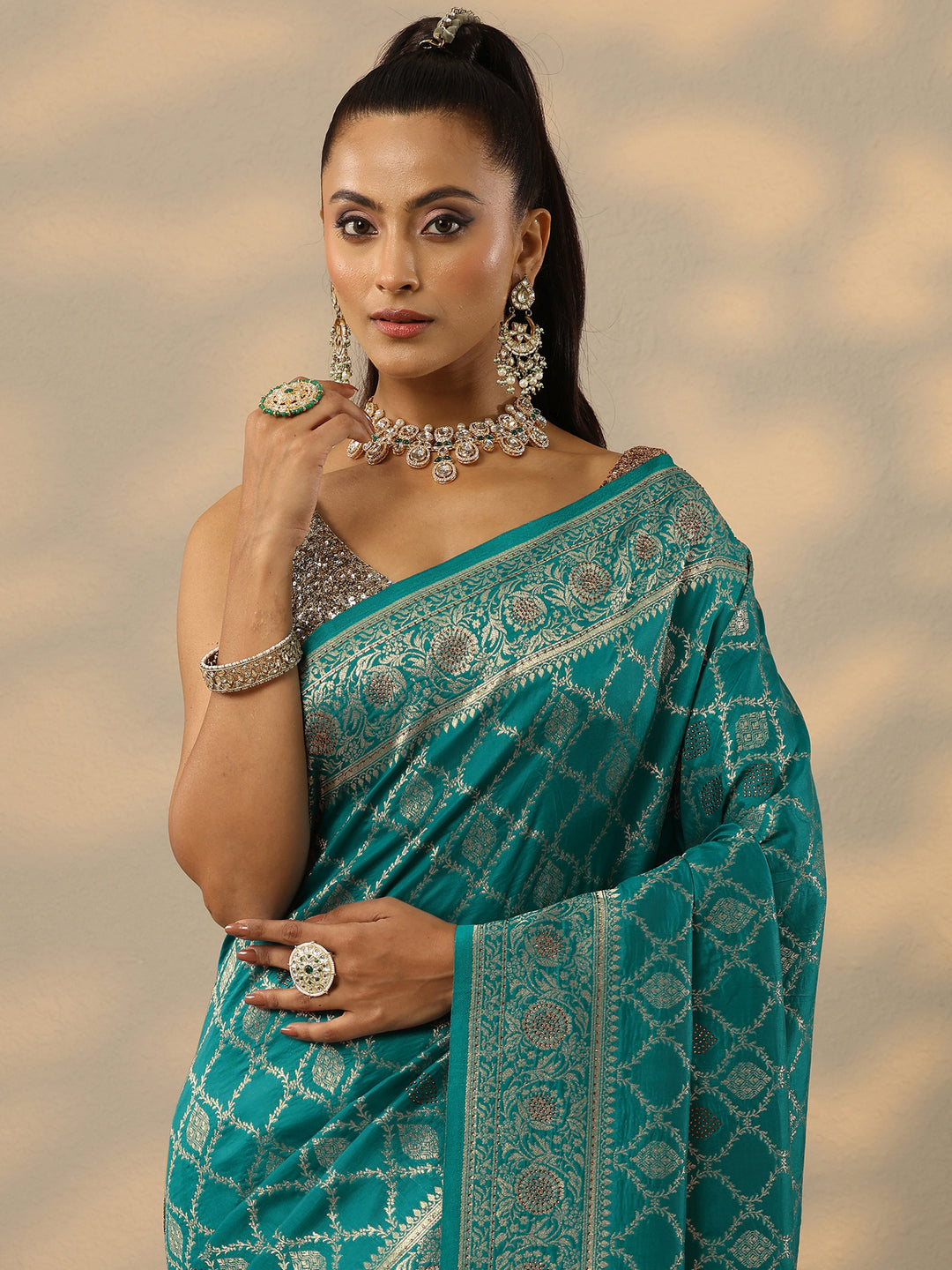  Green Embellished Banarasi Silk Blend Saree With Unstitched Blouse Piece 