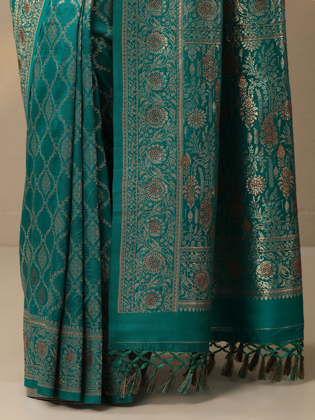  Green Embellished Banarasi Silk Blend Saree With Unstitched Blouse Piece 