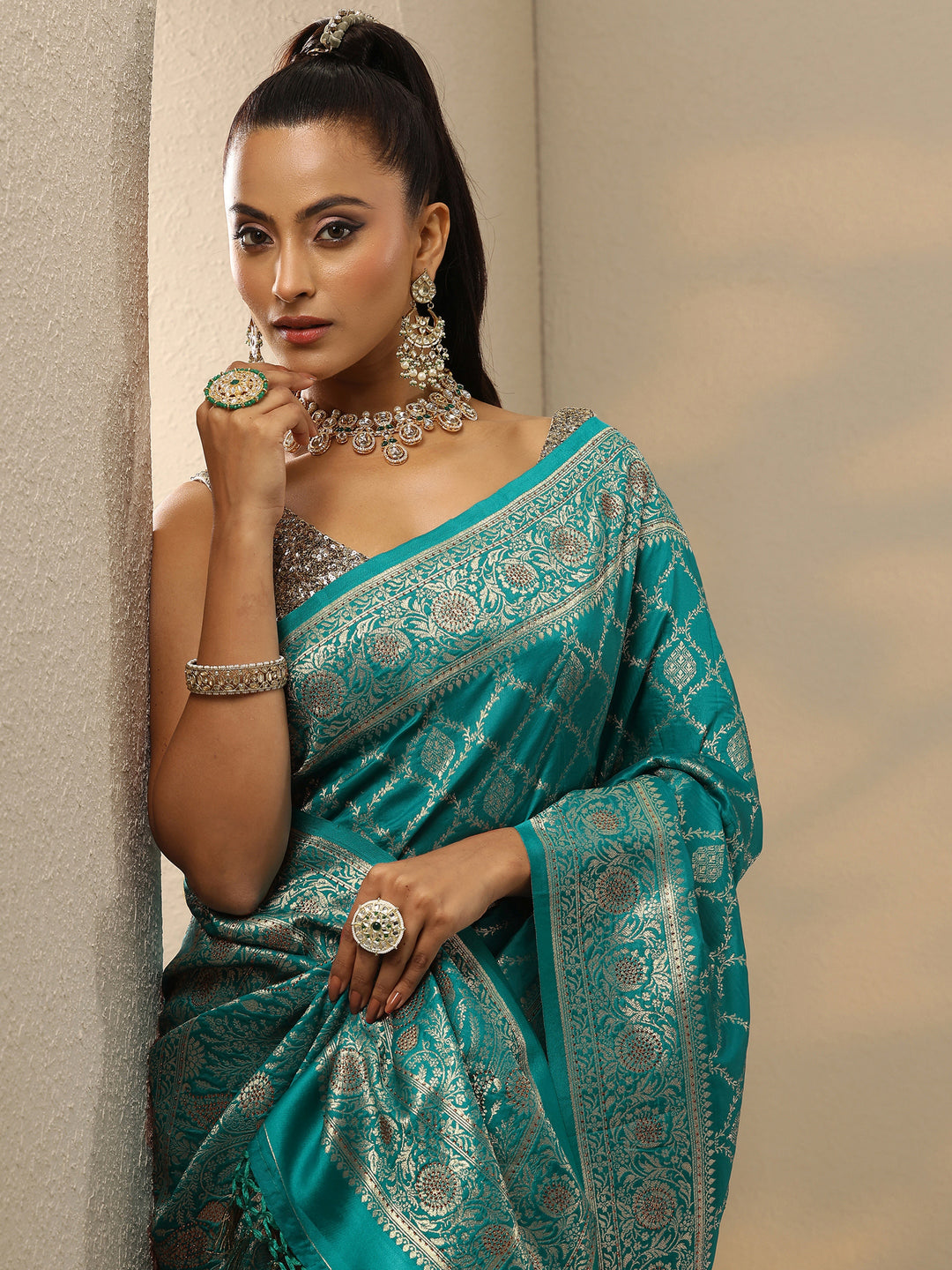  Green Embellished Banarasi Silk Blend Saree With Unstitched Blouse Piece 