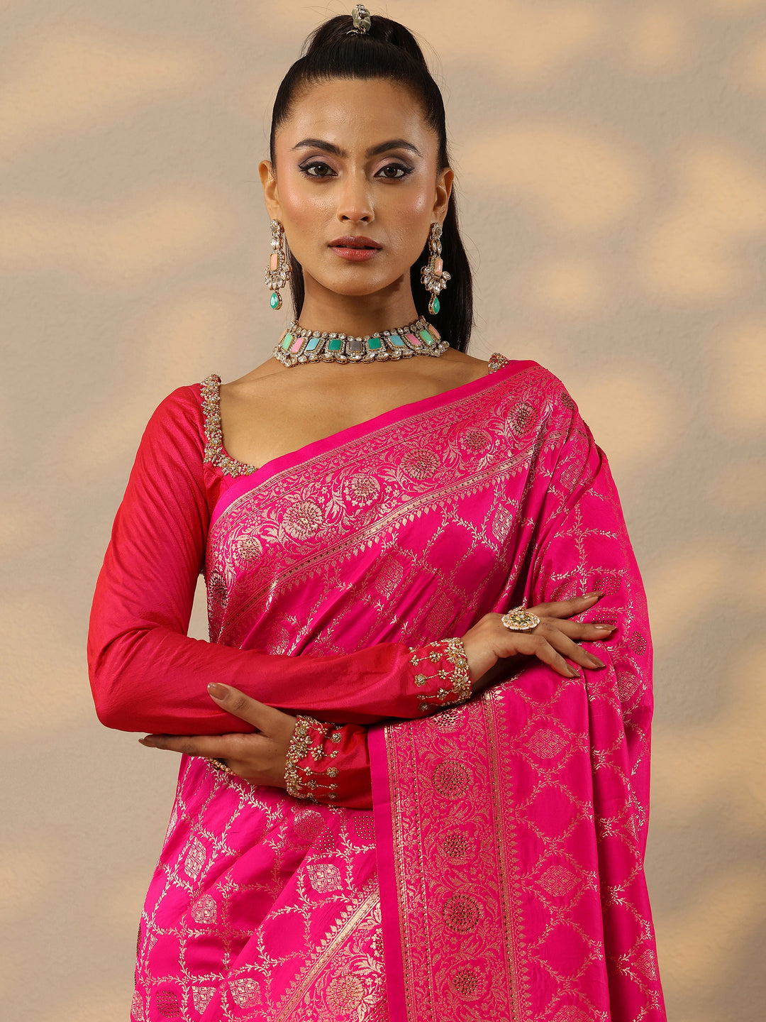  Pink Embellished Banarasi Silk Blend Saree With Unstitched Blouse Piece 