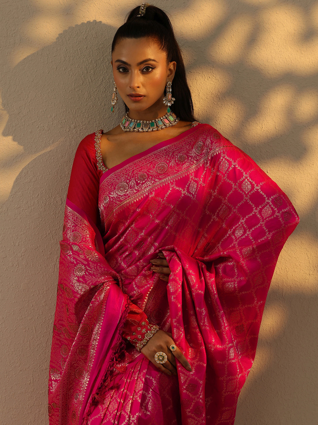 Pink Embellished Banarasi Silk Blend Saree With Unstitched Blouse Piece 