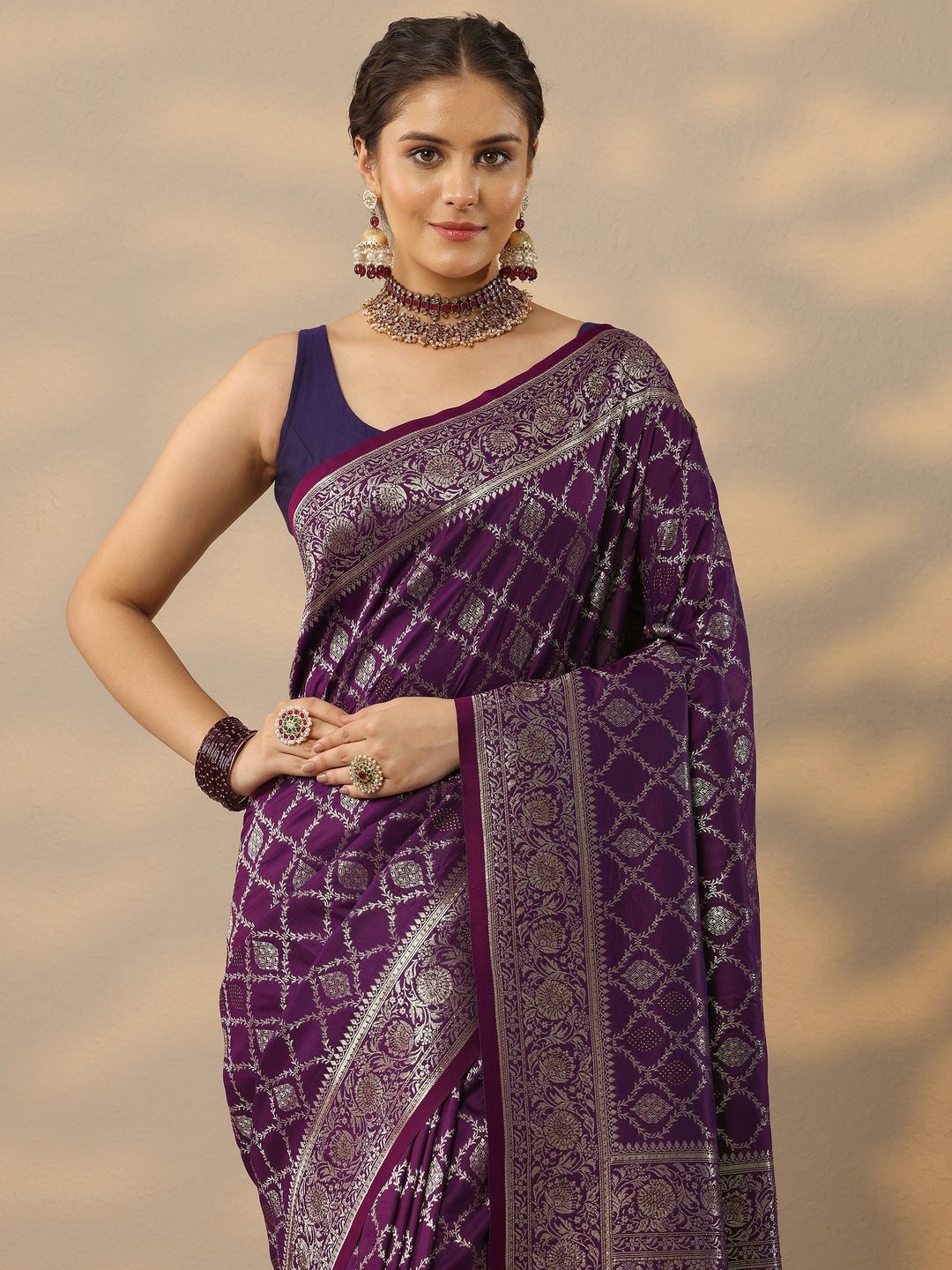  Purple Embellished Banarasi Silk Blend Saree With Unstitched Blouse Piece 