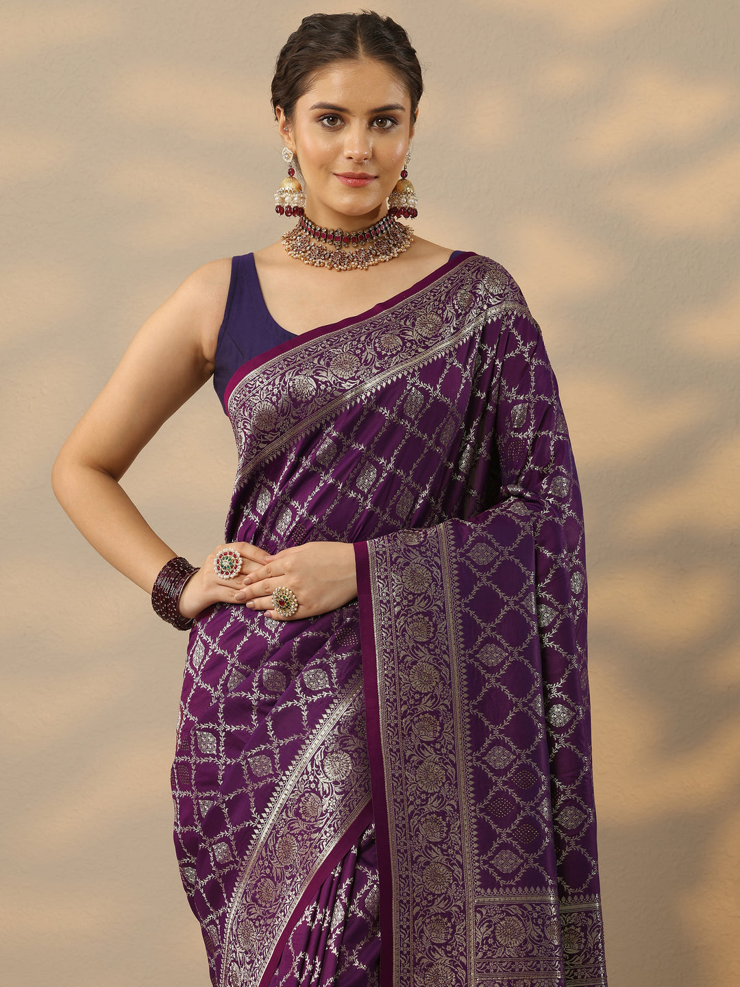  Purple Embellished Banarasi Silk Blend Saree With Unstitched Blouse Piece 