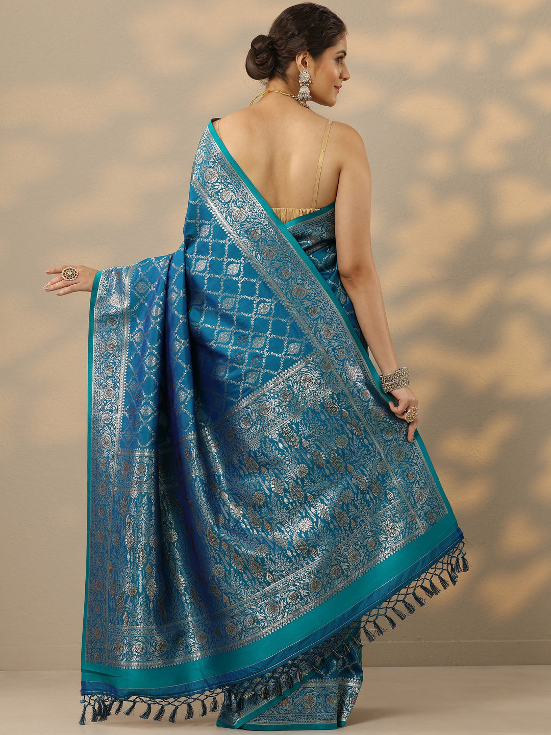  Blue Embellished Banarasi Silk Blend Saree With Unstitched Blouse Piece 